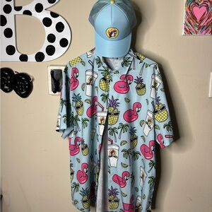 Buccee’s Tropical Flamingo Print Button-Up Shirt - Light Blue